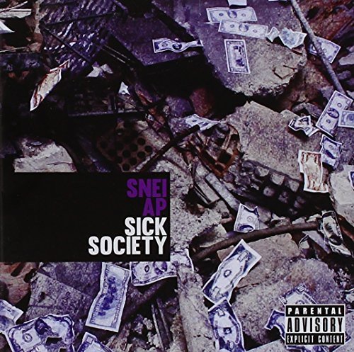 CD cover for “Sick Society” with money and a metal grate texture.