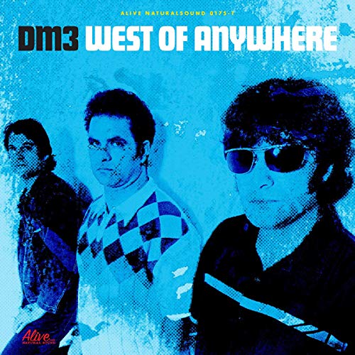 Album cover for DM3’s “West of Anywhere” featuring three men in sunglasses.
