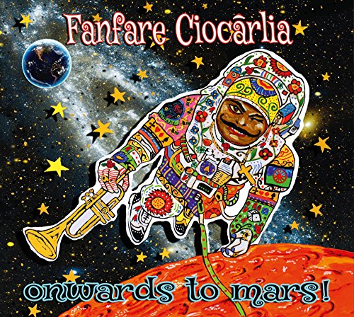 AlbumLoudly dressed astronaut holding a trumpet floating in space above Mars and Earth.