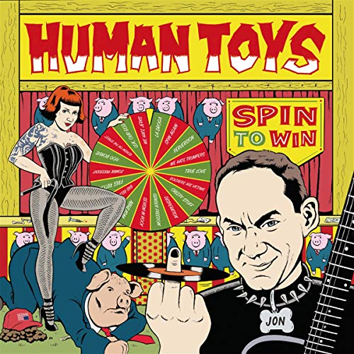 Album cover for Human Toys’ “Spin To Win” featuring cartoon and portrait imagery.