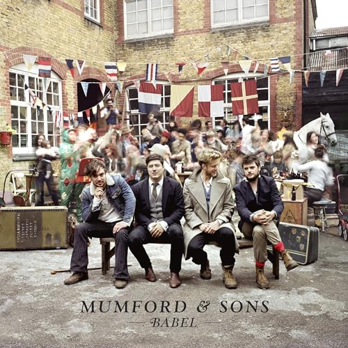 Mumford & Sons "Babel" album cover: four men seated, crowd and flags behind.