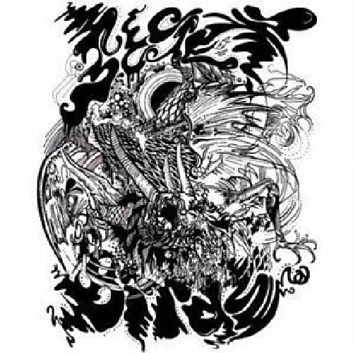 Black and white illustration of a dragon with bird-like figures.