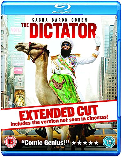Blu-ray cover for "The Dictator" featuring Sacha Baron Cohen on a camel.