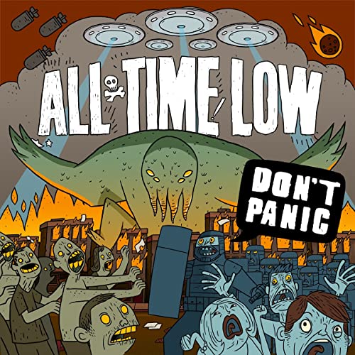 “All Time Low - Don’t Panic” CD cover with cartoon monster and chaos.