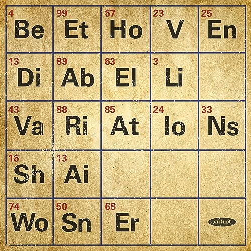 CD cover with letters arranged like a periodic table, beige background.
