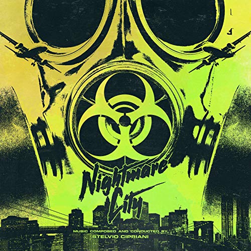 Yellow vinyl record cover with biohazard symbol and cityscape.