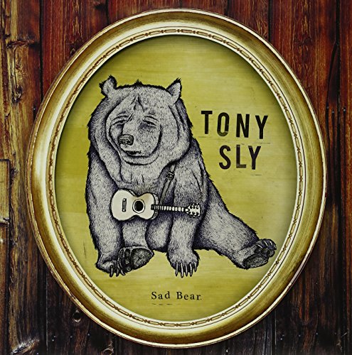 Sketch of a sad bear playing a small guitar, in a gold frame.