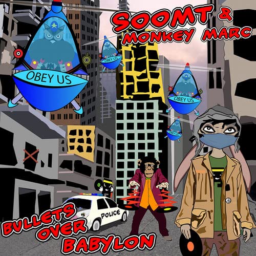 CD cover: cartoon monkey, man with mask, UFOs, and city skyline.