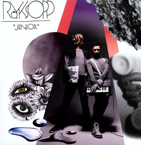 Royksopp “Junior” vinyl album cover with two men and floral imagery.