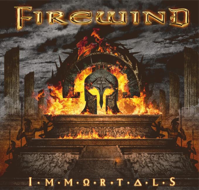 Firewind album cover: a warrior helmet with flames, ancient architecture.