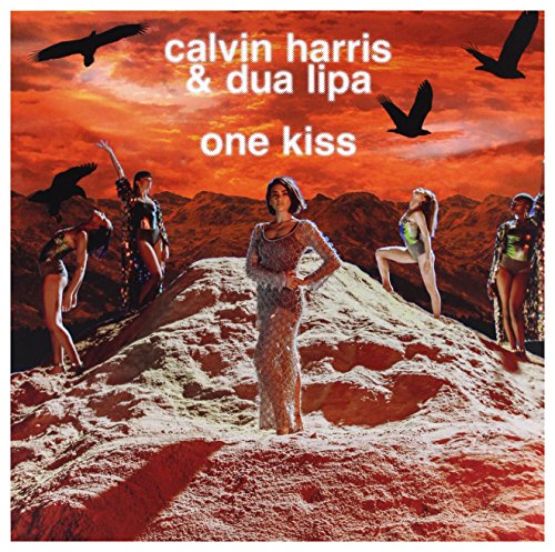 Album cover for Calvin Harris & Dua Lipa’s “One Kiss” with figures in a desert.