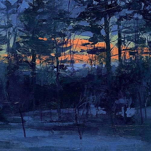 Dark trees silhouetted against a vibrant orange and yellow sunset.