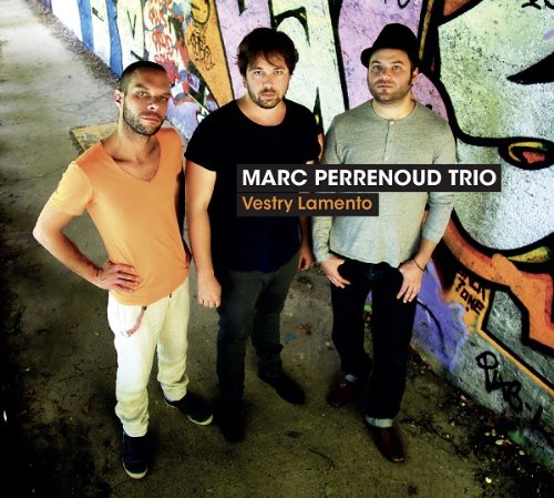 Three men stand before a colorful graffiti wall, album cover art.