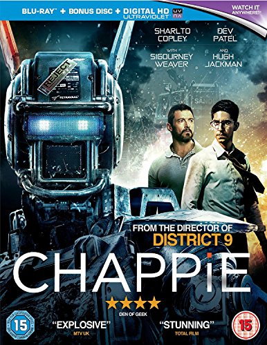 Chappie" Blu-ray cover featuring a robot, Dev Patel, and Sigourney Weaver.