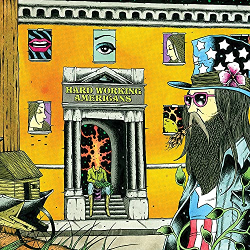 Album cover for Hard Working Americans featuring illustrated building and man.