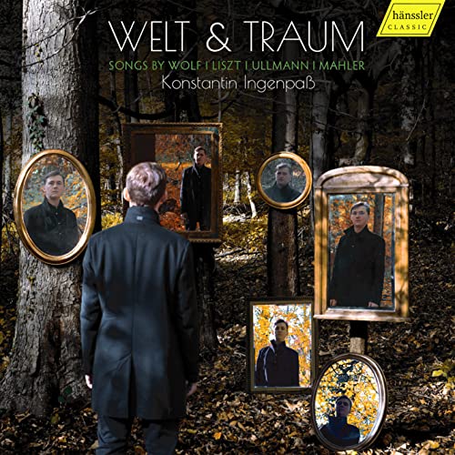 Man in black coat views his reflection in multiple ornate mirrors.