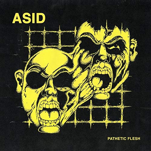 Yellow distorted faces against a black background with grid pattern.
