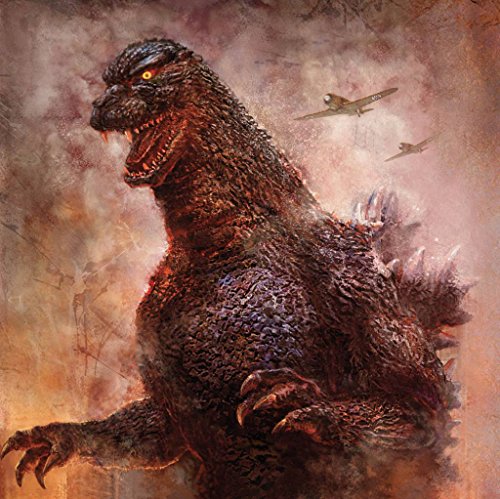 Godzilla roars with fiery background and fighter planes above.