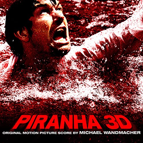 Piranha 3D" CD cover with a screaming man in blood-red water.