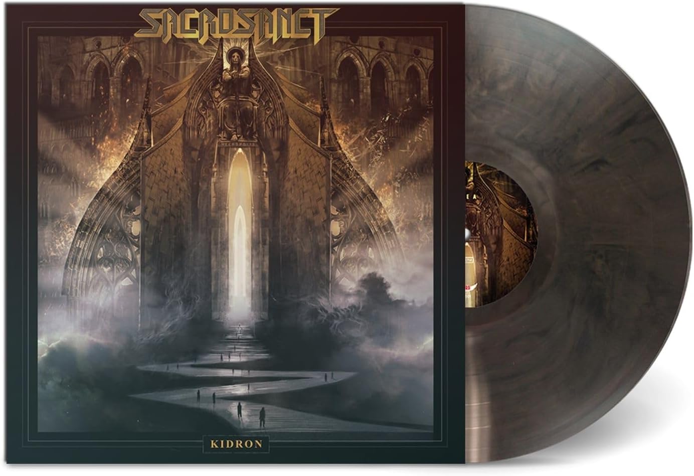 Sacrosanct Kidron vinyl record with dark angel marbled grey coloring.