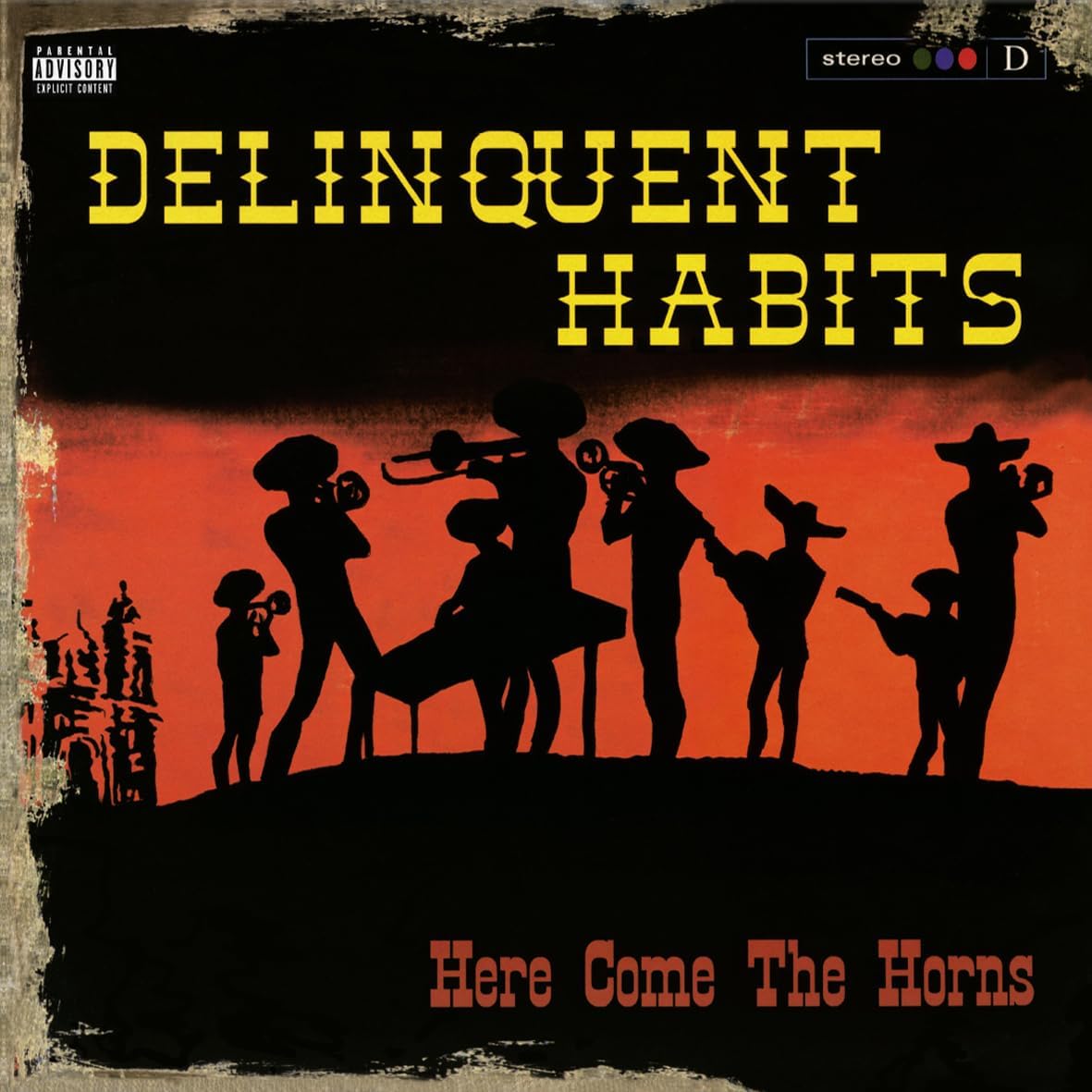 Silhouettes of a mariachi band playing instruments against a sunset sky on vinyl cover.