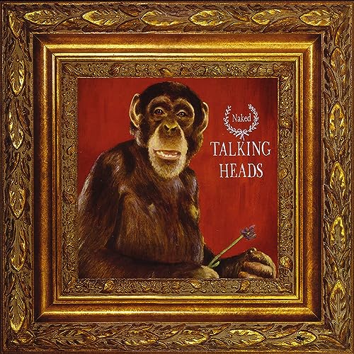 Monkey in ornate gold frame, album cover for Talking Heads’ “Naked.”