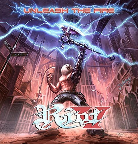 CD cover: cyborg wielding a hammer amidst a fiery, ruined city.