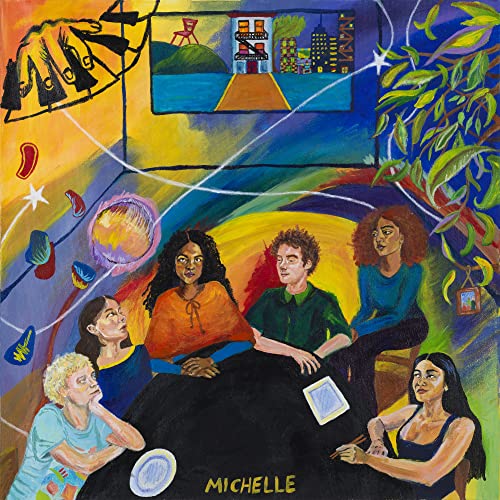 CD cover: painted group portrait with abstract, colorful background.