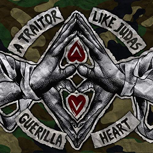 Hands forming a diamond shape around hearts, on camouflage background.