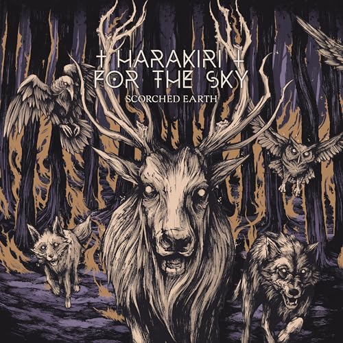 Album cover: deer skull with antlers, birds, and wolves in a forest fire.