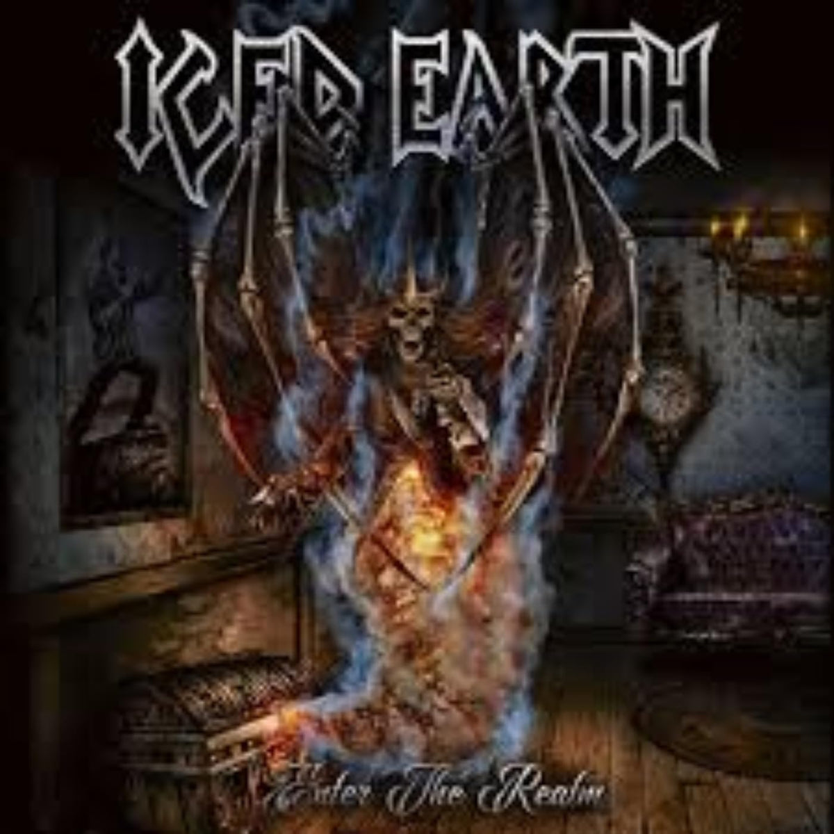 Iced Earth album cover: skeletal figure with wings in a room.