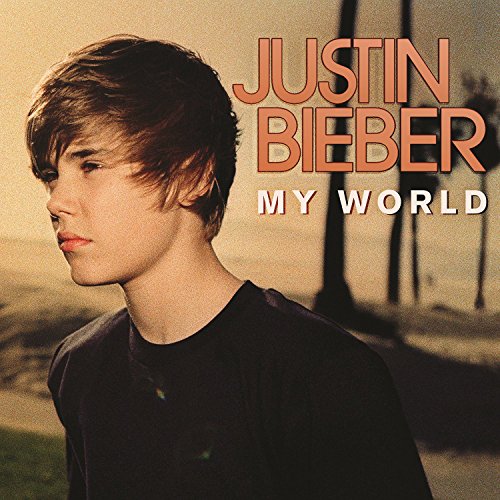Justin Bieber album cover, “My World,” featuring a portrait of the artist.