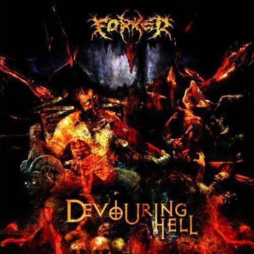 Dark album cover depicting a chaotic, hellish scene with figures and skulls.