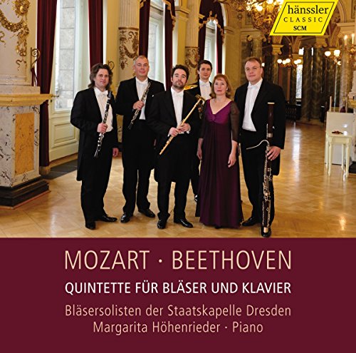 CD cover featuring five musicians in formal wear, Mozart and Beethoven text.