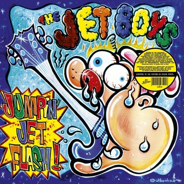 Colorful album cover for "Jumpin Jet Flash" by Jet Boys, on green vinyl.