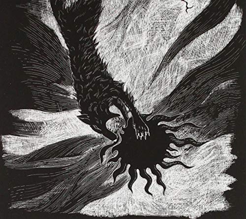 Black and white illustration of a dragon descending with outstretched wings.