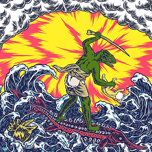 Green lizard-man with a bone weapon rides a sea serpent in waves.