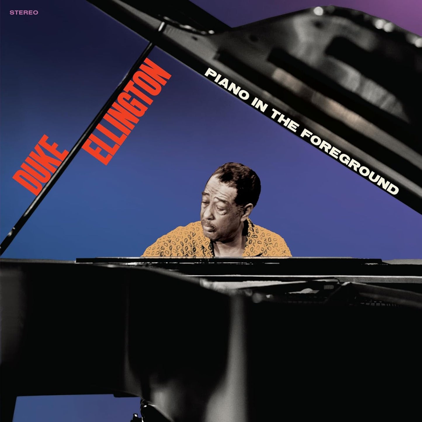 Duke Ellington portrait on piano album cover, bold red and blue design.