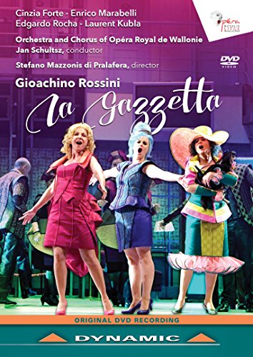 DVD cover for Rossini’s “La Gazzetta” opera, featuring three singers.
