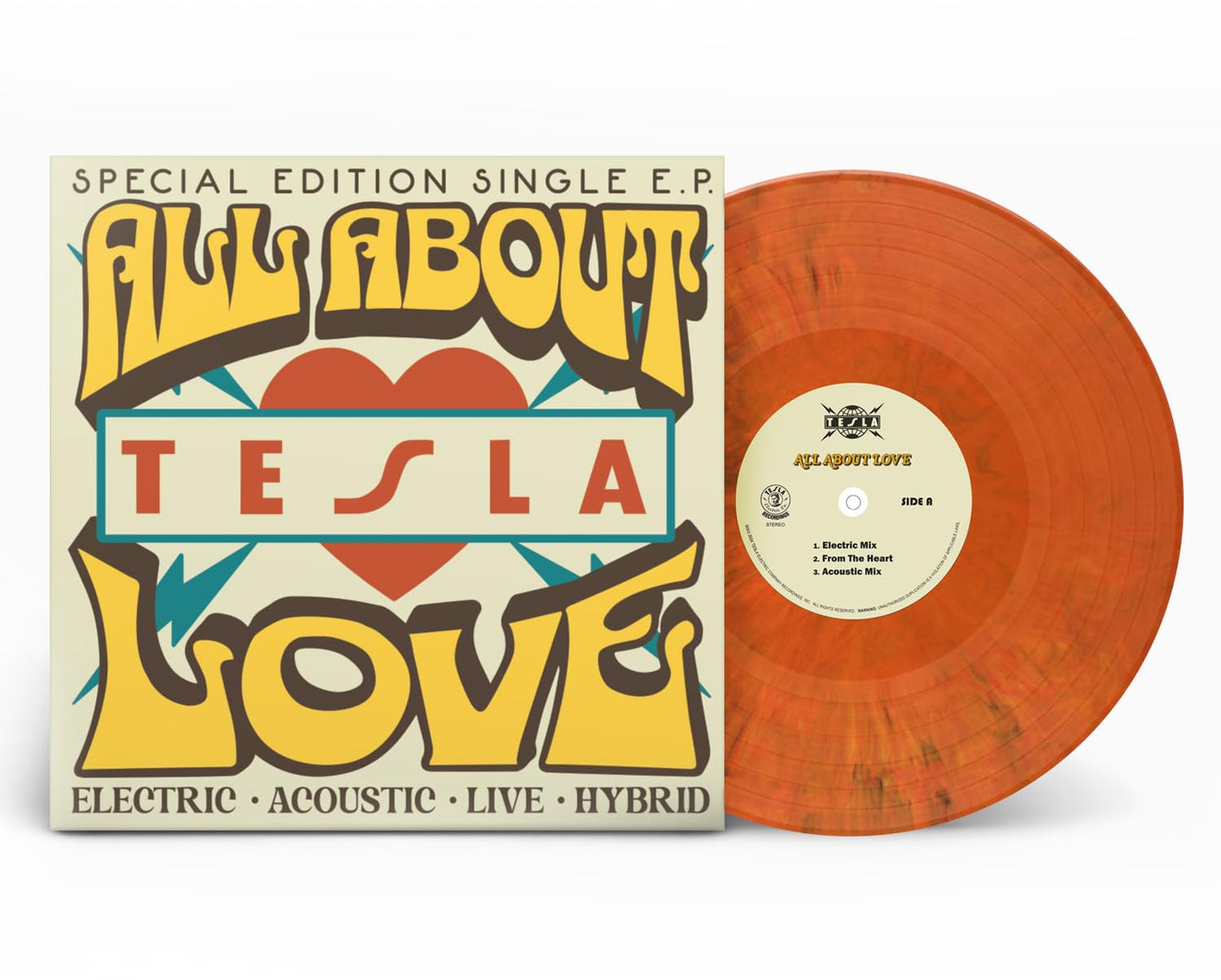 Orange vinyl LP of Teslaās āAll About Loveā with colorful cover art.