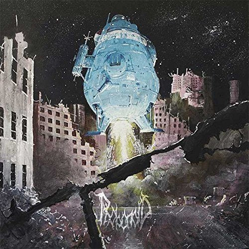 Painted CD cover depicting a blue spaceship over a ruined city.