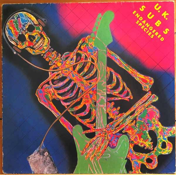 Album cover for U.K. Subs’ “Endangered Species” featuring colorful skeletal imagery.