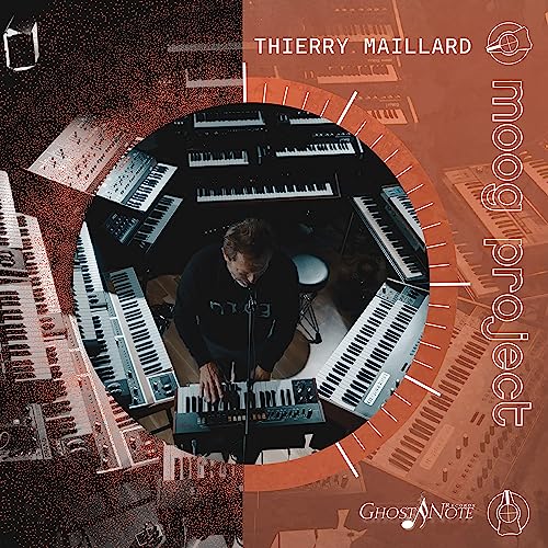 CD cover: Musician at Moog synthesizers, circular design, orange and black.