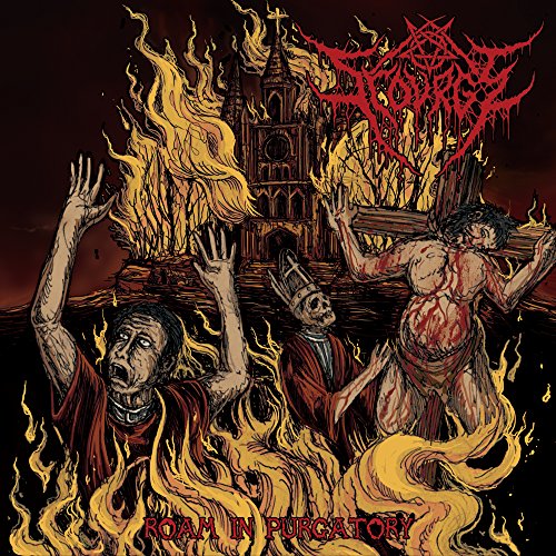 Dark album cover depicting burning church, figures carrying a cross, and suffering.