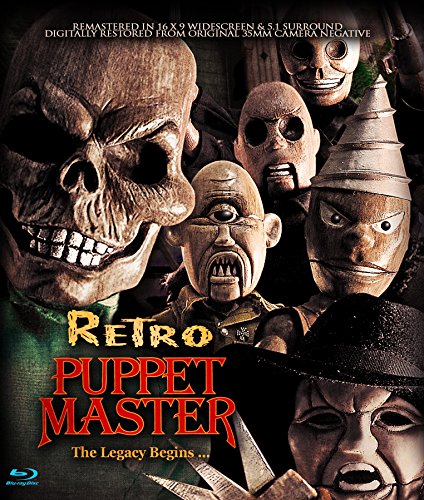 Retro Puppet Master" Blu-ray cover featuring menacing puppets and a skull.
