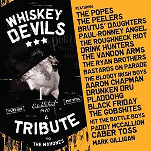 CD cover for “Whiskey Devils,” a tribute to The Mahones, featuring band names.