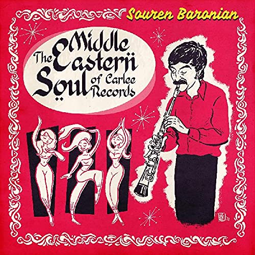 Album cover: Souren Baronian with clarinet, dancers, and red background.