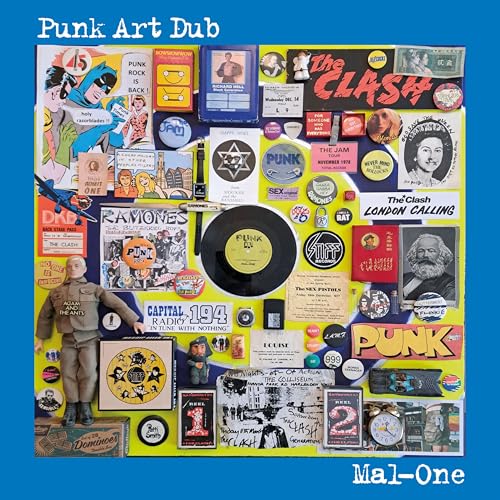 Collage of punk rock imagery with a vinyl record at center.