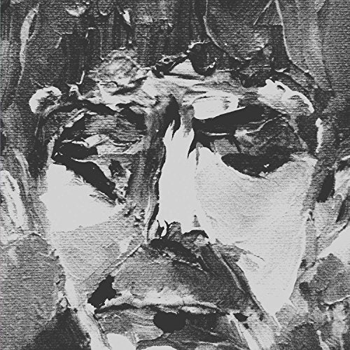 Black and white abstract painting of a face, textured brushstrokes.