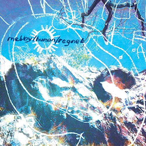 Album cover with abstract blue and white landscape, sun, and handwritten text.